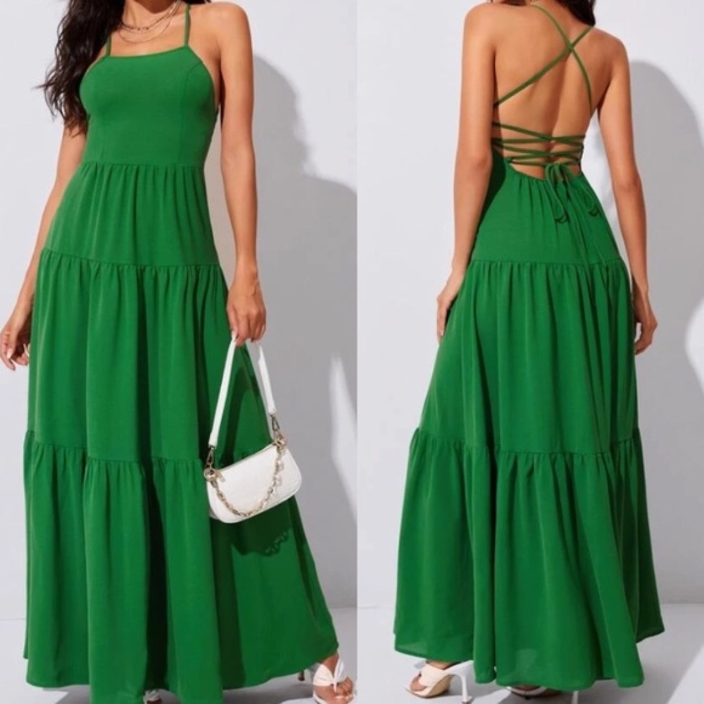 Boho Green Criss Cross Lace up Back Ruffle Maxi Dress